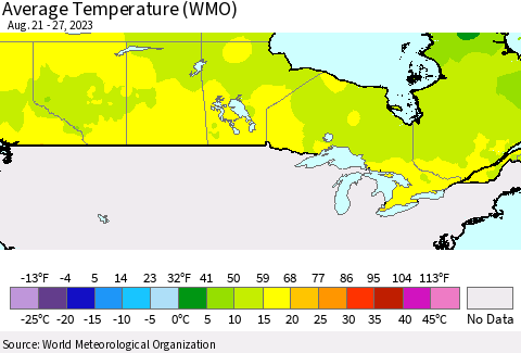 Canada Average Temperature (WMO) Thematic Map For 8/21/2023 - 8/27/2023