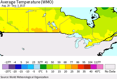 Canada Average Temperature (WMO) Thematic Map For 8/28/2023 - 9/3/2023
