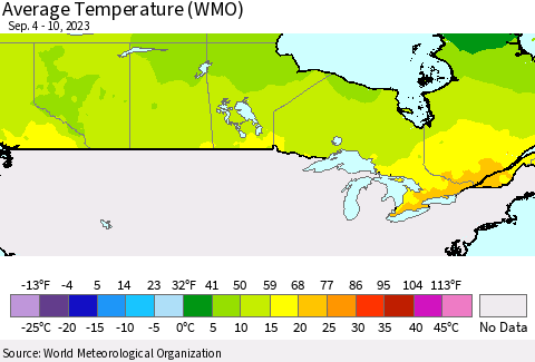 Canada Average Temperature (WMO) Thematic Map For 9/4/2023 - 9/10/2023
