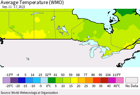 Canada Average Temperature (WMO) Thematic Map For 9/11/2023 - 9/17/2023