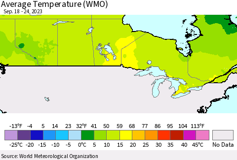 Canada Average Temperature (WMO) Thematic Map For 9/18/2023 - 9/24/2023