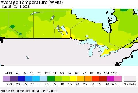 Canada Average Temperature (WMO) Thematic Map For 9/25/2023 - 10/1/2023