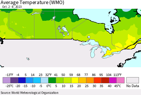 Canada Average Temperature (WMO) Thematic Map For 10/2/2023 - 10/8/2023
