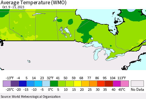 Canada Average Temperature (WMO) Thematic Map For 10/9/2023 - 10/15/2023