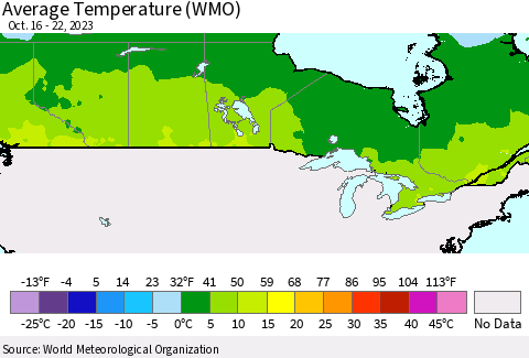 Canada Average Temperature (WMO) Thematic Map For 10/16/2023 - 10/22/2023