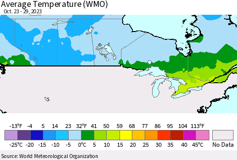 Canada Average Temperature (WMO) Thematic Map For 10/23/2023 - 10/29/2023