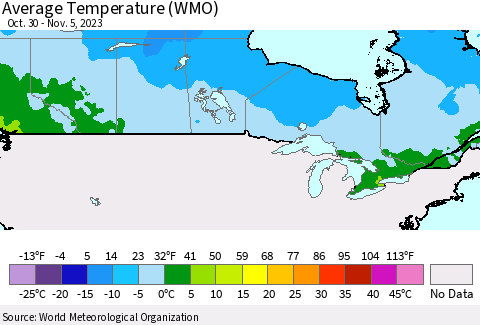 Canada Average Temperature (WMO) Thematic Map For 10/30/2023 - 11/5/2023