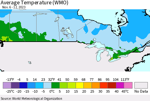 Canada Average Temperature (WMO) Thematic Map For 11/6/2023 - 11/12/2023
