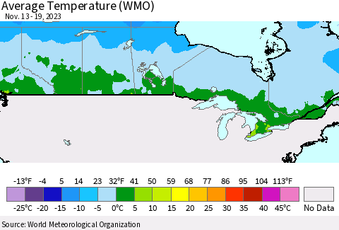 Canada Average Temperature (WMO) Thematic Map For 11/13/2023 - 11/19/2023