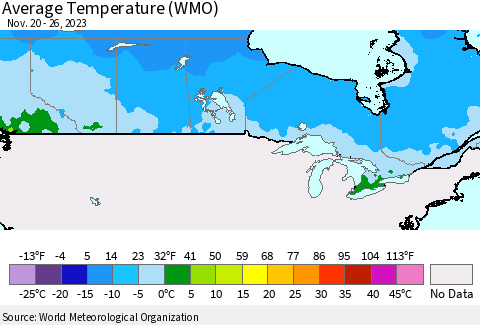 Canada Average Temperature (WMO) Thematic Map For 11/20/2023 - 11/26/2023