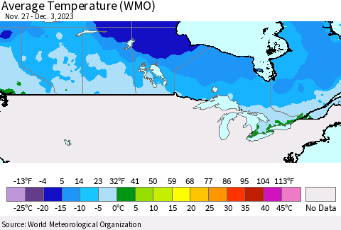 Canada Average Temperature (WMO) Thematic Map For 11/27/2023 - 12/3/2023