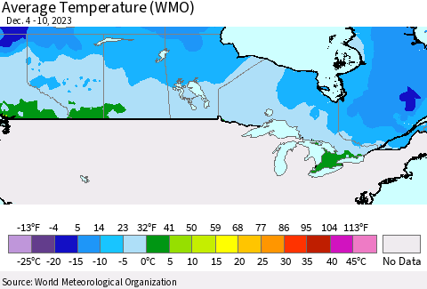 Canada Average Temperature (WMO) Thematic Map For 12/4/2023 - 12/10/2023