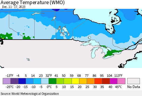 Canada Average Temperature (WMO) Thematic Map For 12/11/2023 - 12/17/2023