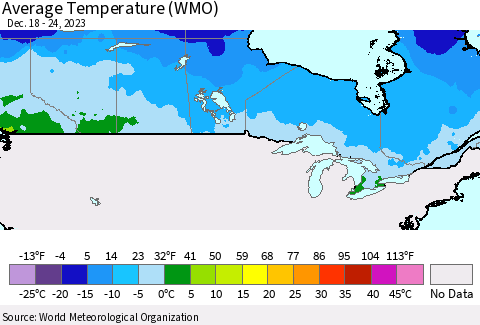Canada Average Temperature (WMO) Thematic Map For 12/18/2023 - 12/24/2023