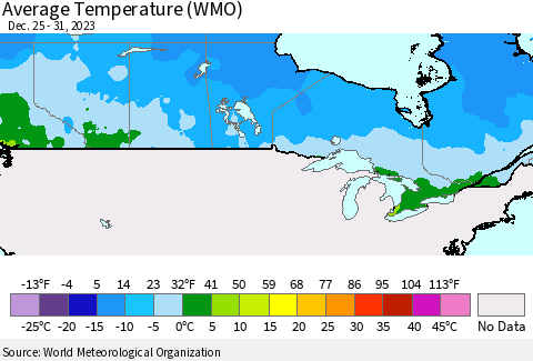 Canada Average Temperature (WMO) Thematic Map For 12/25/2023 - 12/31/2023