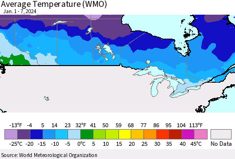 Canada Average Temperature (WMO) Thematic Map For 1/1/2024 - 1/7/2024