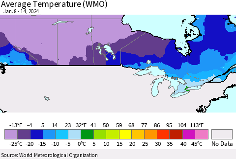 Canada Average Temperature (WMO) Thematic Map For 1/8/2024 - 1/14/2024