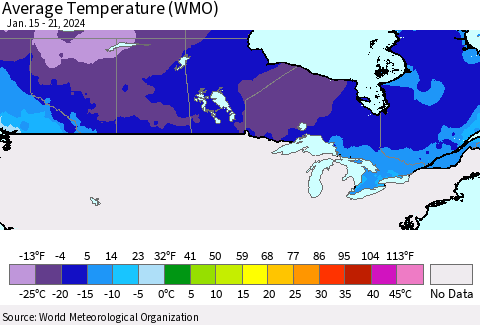 Canada Average Temperature (WMO) Thematic Map For 1/15/2024 - 1/21/2024