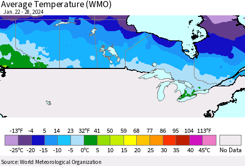 Canada Average Temperature (WMO) Thematic Map For 1/22/2024 - 1/28/2024