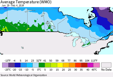 Canada Average Temperature (WMO) Thematic Map For 1/29/2024 - 2/4/2024