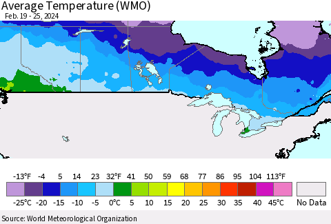 Canada Average Temperature (WMO) Thematic Map For 2/19/2024 - 2/25/2024