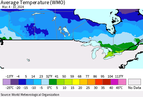 Canada Average Temperature (WMO) Thematic Map For 3/4/2024 - 3/10/2024
