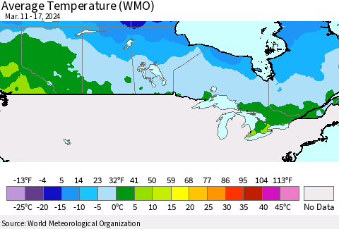 Canada Average Temperature (WMO) Thematic Map For 3/11/2024 - 3/17/2024