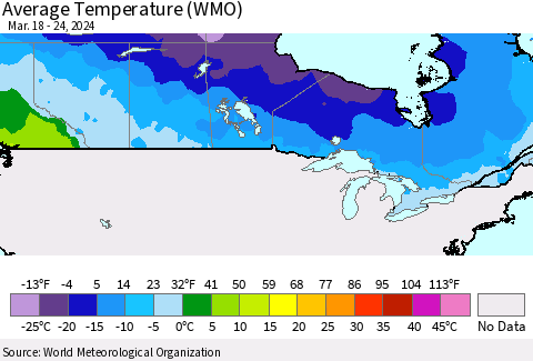 Canada Average Temperature (WMO) Thematic Map For 3/18/2024 - 3/24/2024