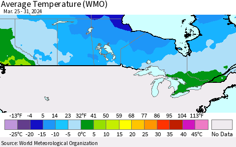 Canada Average Temperature (WMO) Thematic Map For 3/25/2024 - 3/31/2024