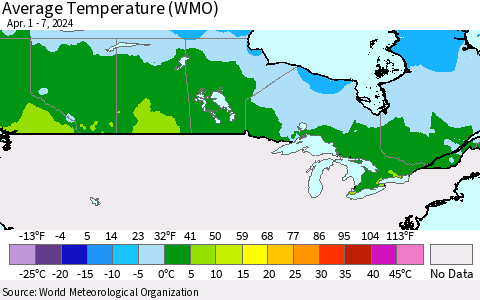 Canada Average Temperature (WMO) Thematic Map For 4/1/2024 - 4/7/2024