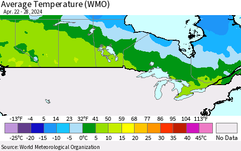 Canada Average Temperature (WMO) Thematic Map For 4/22/2024 - 4/28/2024