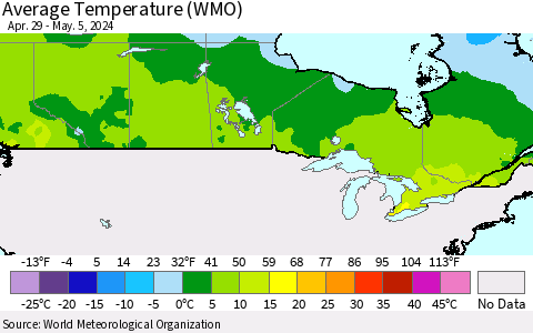 Canada Average Temperature (WMO) Thematic Map For 4/29/2024 - 5/5/2024