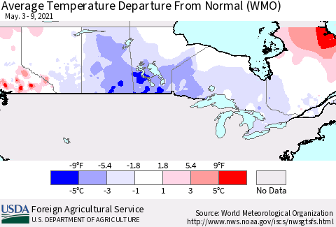 Canada Average Temperature Departure from Normal (WMO) Thematic Map For 5/3/2021 - 5/9/2021