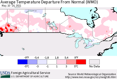 Canada Average Temperature Departure from Normal (WMO) Thematic Map For 5/10/2021 - 5/16/2021