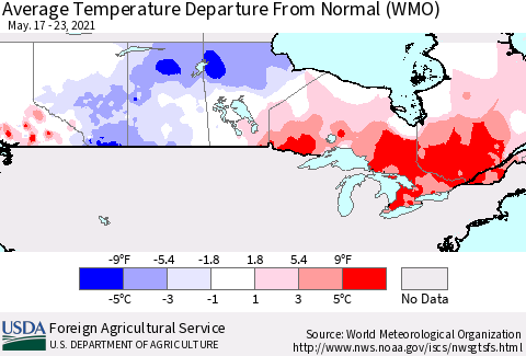 Canada Average Temperature Departure from Normal (WMO) Thematic Map For 5/17/2021 - 5/23/2021