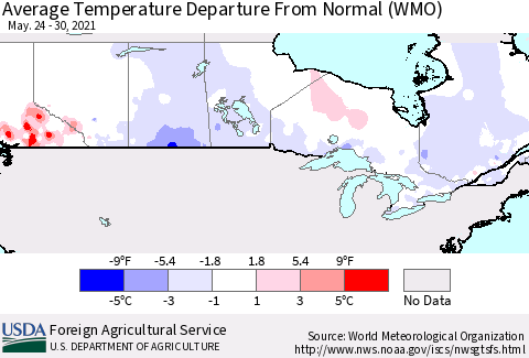 Canada Average Temperature Departure from Normal (WMO) Thematic Map For 5/24/2021 - 5/30/2021