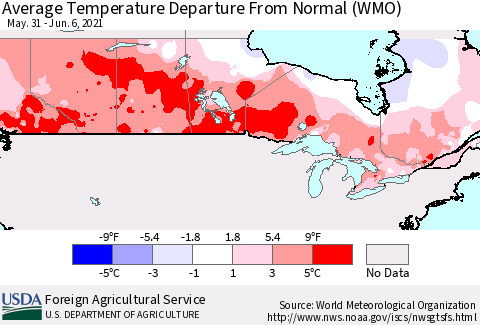Canada Average Temperature Departure from Normal (WMO) Thematic Map For 5/31/2021 - 6/6/2021