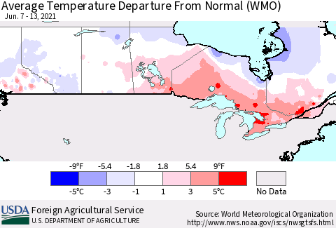 Canada Average Temperature Departure from Normal (WMO) Thematic Map For 6/7/2021 - 6/13/2021