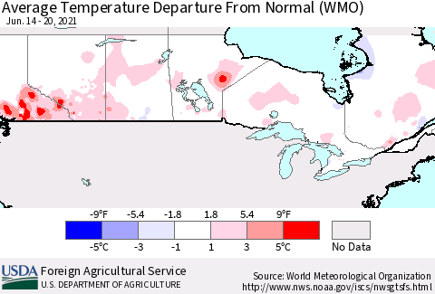 Canada Average Temperature Departure from Normal (WMO) Thematic Map For 6/14/2021 - 6/20/2021