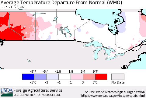 Canada Average Temperature Departure from Normal (WMO) Thematic Map For 6/21/2021 - 6/27/2021