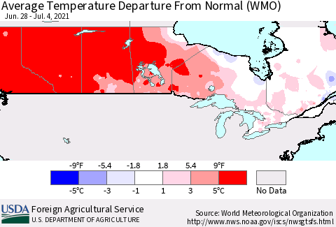 Canada Average Temperature Departure from Normal (WMO) Thematic Map For 6/28/2021 - 7/4/2021
