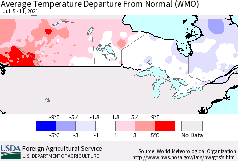 Canada Average Temperature Departure from Normal (WMO) Thematic Map For 7/5/2021 - 7/11/2021