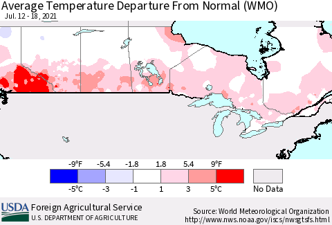 Canada Average Temperature Departure from Normal (WMO) Thematic Map For 7/12/2021 - 7/18/2021
