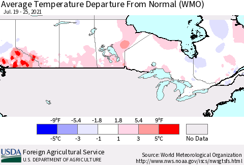 Canada Average Temperature Departure from Normal (WMO) Thematic Map For 7/19/2021 - 7/25/2021