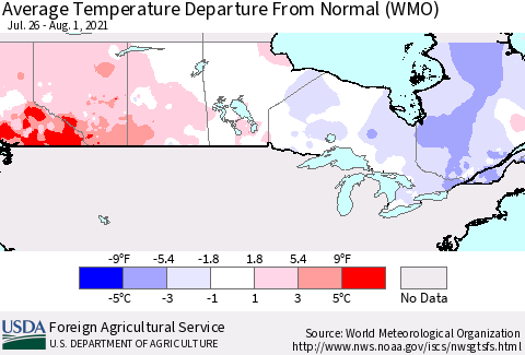 Canada Average Temperature Departure from Normal (WMO) Thematic Map For 7/26/2021 - 8/1/2021