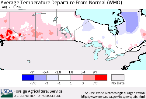Canada Average Temperature Departure from Normal (WMO) Thematic Map For 8/2/2021 - 8/8/2021