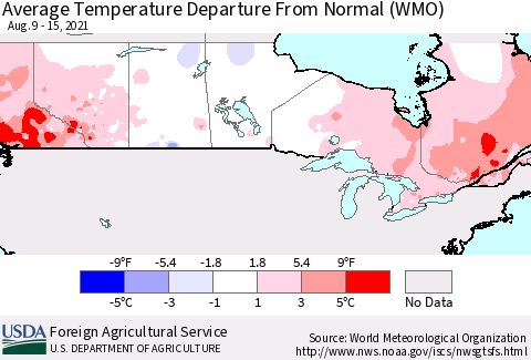 Canada Average Temperature Departure from Normal (WMO) Thematic Map For 8/9/2021 - 8/15/2021