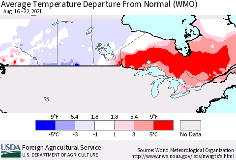 Canada Average Temperature Departure from Normal (WMO) Thematic Map For 8/16/2021 - 8/22/2021