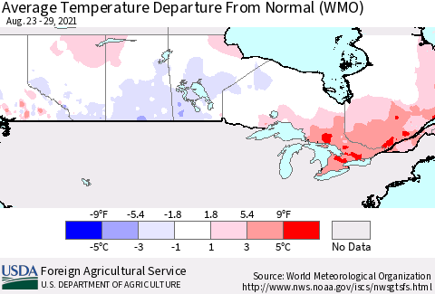 Canada Average Temperature Departure from Normal (WMO) Thematic Map For 8/23/2021 - 8/29/2021