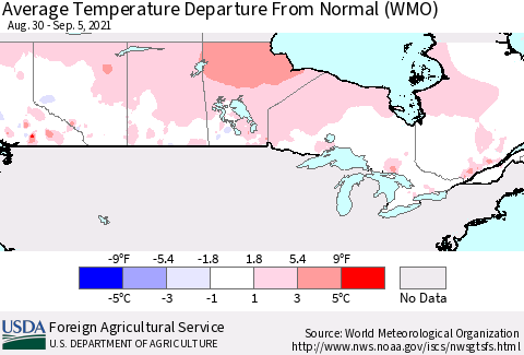 Canada Average Temperature Departure from Normal (WMO) Thematic Map For 8/30/2021 - 9/5/2021
